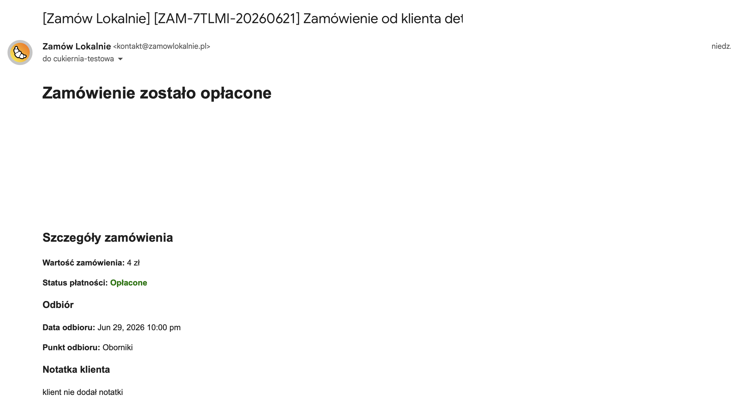 Mail Zamówienie zostało opłacone