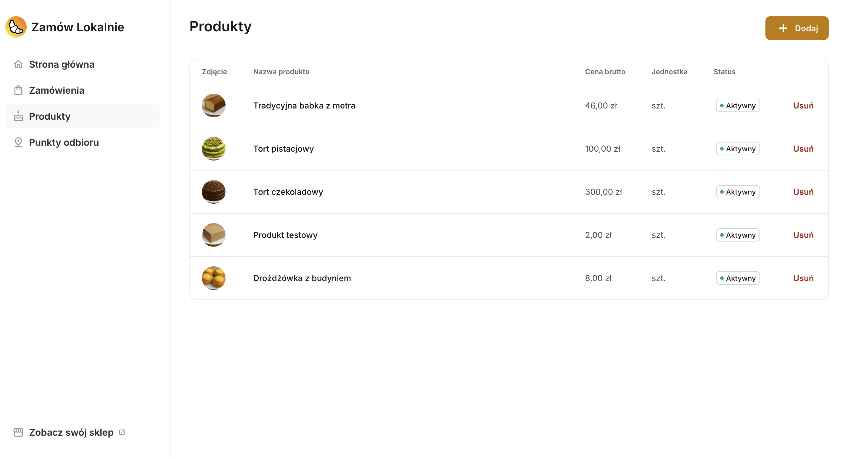 Lista produktów w panelu